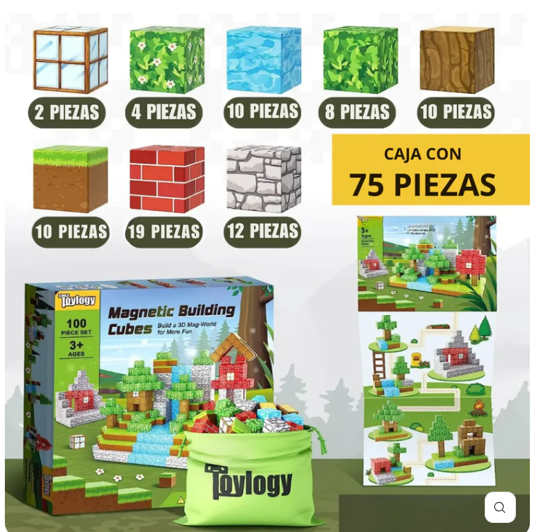 BLOQUES MANGNETICOS PREMIUM 75 PIEZAS - MINECRAFT